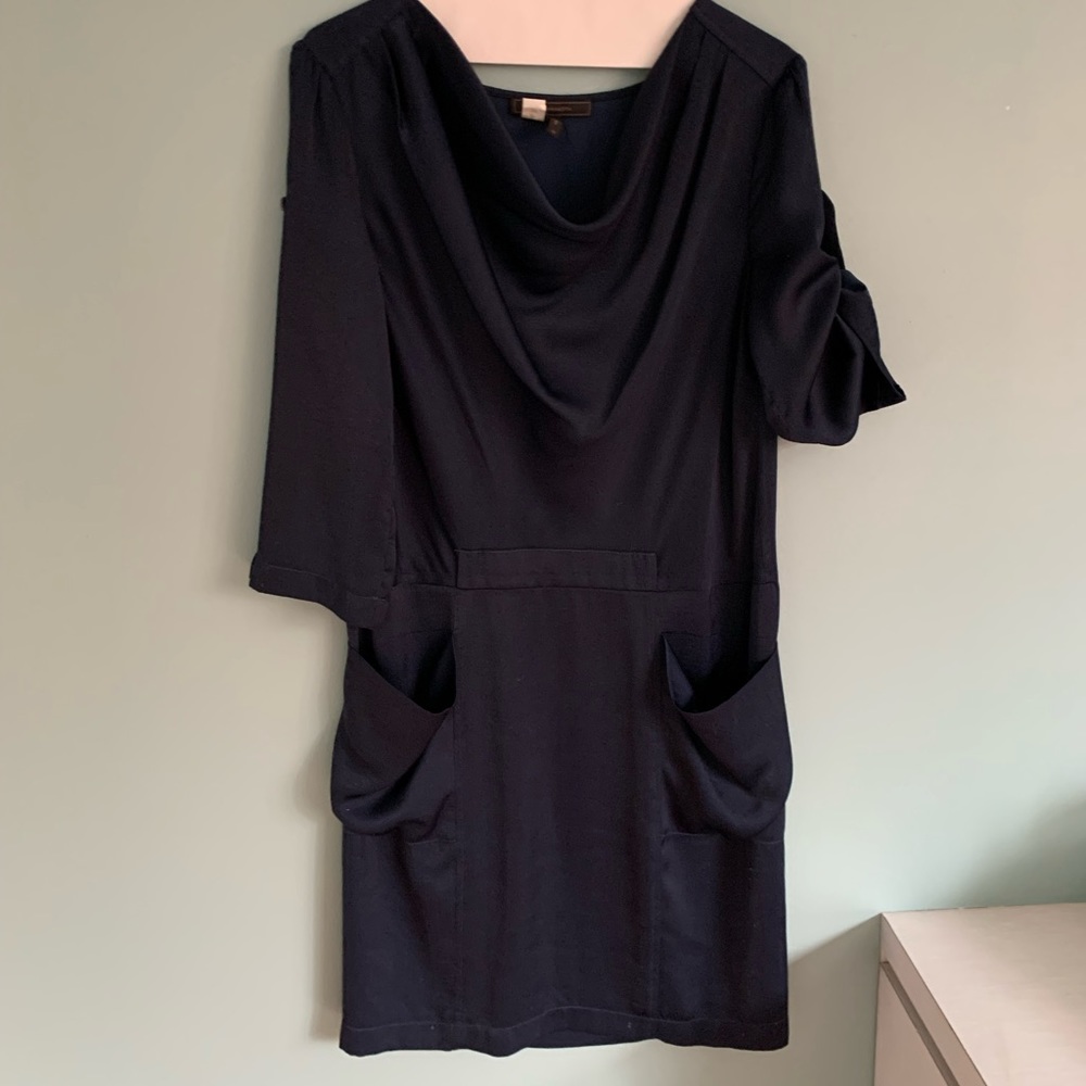 BCBG MAXAZRIA NAVY COWL NECK DRESS WITH POCKETS SIZE XS